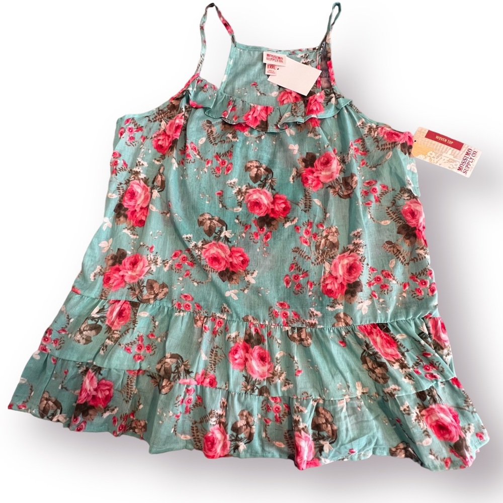 Mossimo Teal Turquoise Blue Pink Floral Tiered Ruffle Spaghetti Strap Tank NWT - Picture 2 of 8
